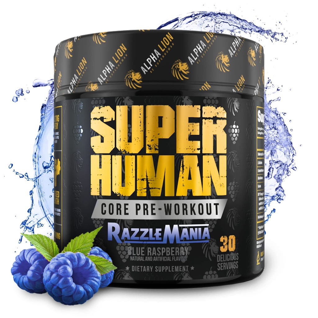 ALFHA LION Core pre trening w/kreatin for ytelse, Beta Alanin for muskel, pulver, L-citrullin for pumpe og tri-kilde koffein for frigjørende energi (30 serveringer, blå bringebær flavor)