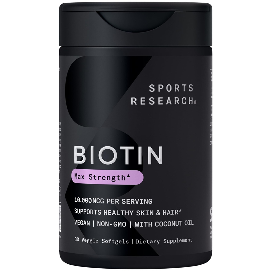 Idrettsforskning® Biotin 10.000mcg med økologisk kokosolje - Biotin (Vitamin B7) for sunn hud og hår støtte* - for kvinner og menn - Vegan, ikke-GMO, Gluten og soya-fri - 30 Veggie Softgels