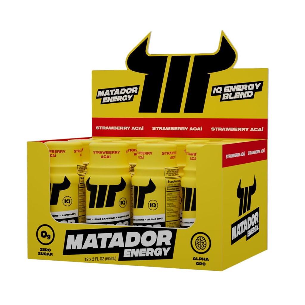 MATATOR Energi Shots Ekstra Styrke Mini Energi Drikke m/B kompleks vitaminer (Vitamin B12-B9-B6-B3), Alpha GPC Nootropic IQ Energi, Kaffebønner Ekstrakt Koffein Shots, 24 Energi drikke Jordbær Acai