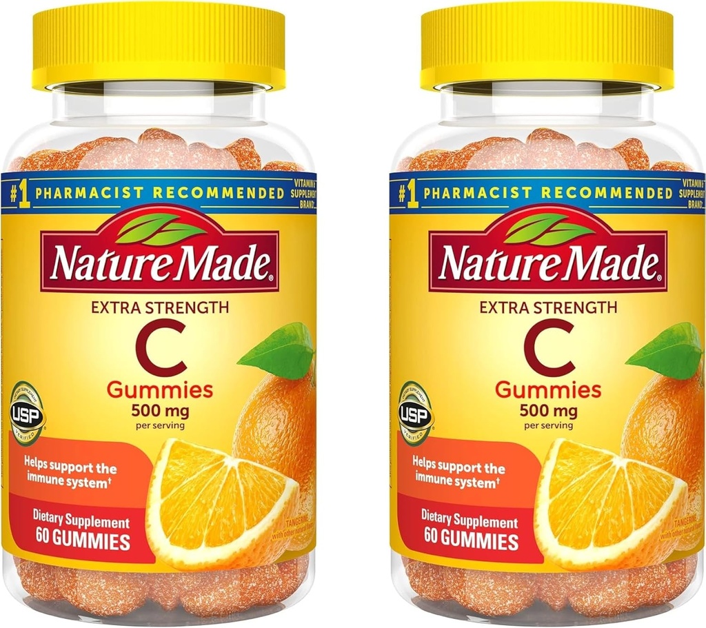 Naturlaget ekstra styrke dosering C 500 mg per servering, kosttilskudd for immunstøtte, 60 gummier, 30 dagers forsyning (pakke på 2)