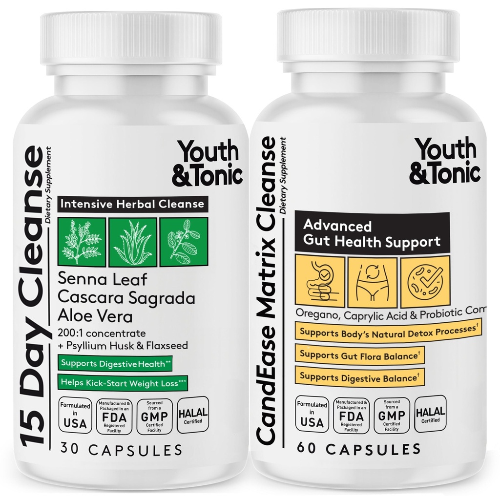 Ungdom & Tonic Colon rengjøring og CandEase Matrix piller | Støtte for Body Detox Gut Health & Intestinal Flora gjenoppretting normal surhetsnivå