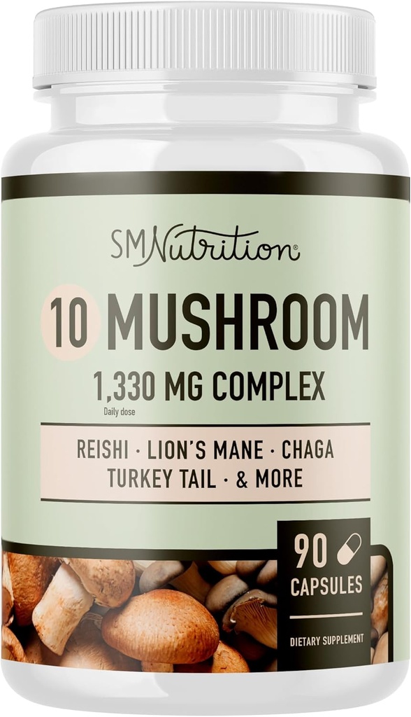 10 Moshroom Complex Supplement | 1300+ MG Blande med Lions Mane, Tyrkia Tail, Cordyceps, Reishi, Shiitake, Maitake, Chaga & Hvit knapp Mushroom | Immun & Adaptogen Støtte | 90 C