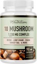 10 Moshroom Complex Supplement | 1300+ MG Blande med Lions Mane, Tyrkia Tail, Cordyceps, Reishi, Shiitake, Maitake, Chaga & Hvit knapp Mushroom | Immun & Adaptogen Støtte | 90 C