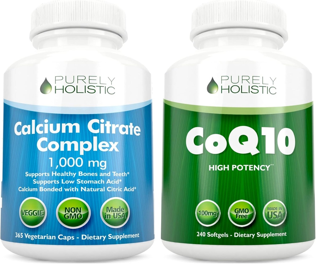 Kalsium Citrat Complex 1000mg + CoQ10 100mg - 365 Vegan Capsules + 240 Softgels Bundle - Uten vitamin D - Laget i USA