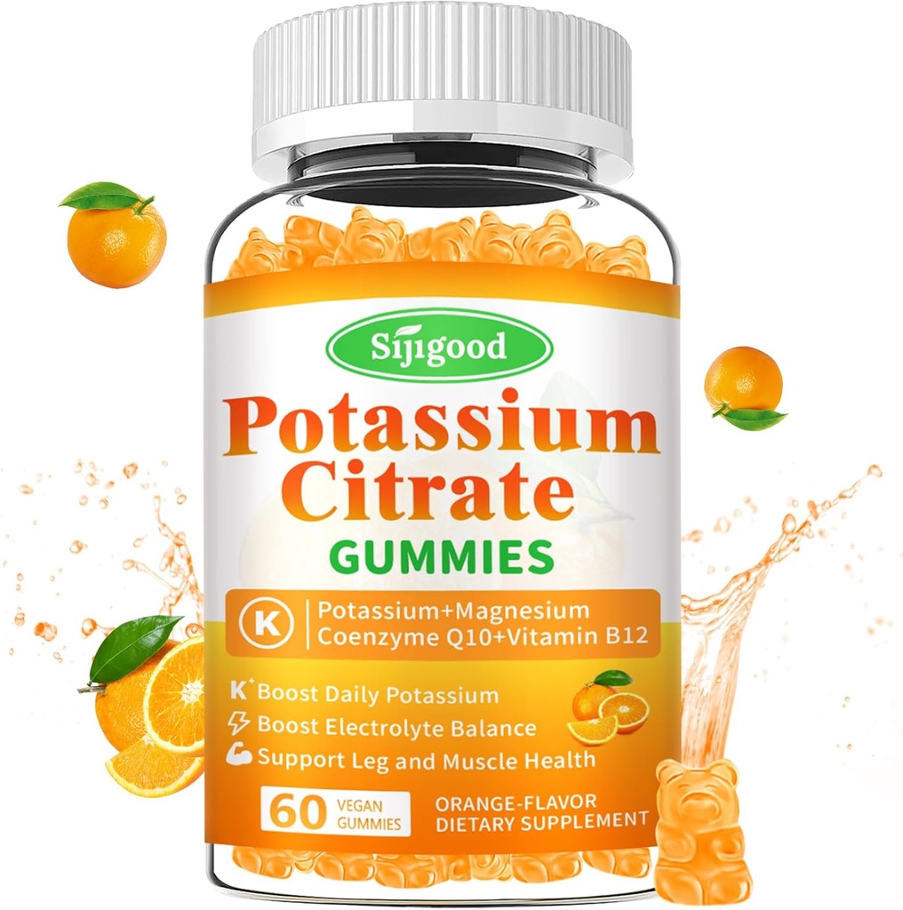 Kalium Citrate Gummies – høy potens Kalium Supplement for muskelhelse, benkrampe Relief, elektrolytbalanse – Vegan, ikke-GMO, Glutenfri, Orange Flavor, 60 greve