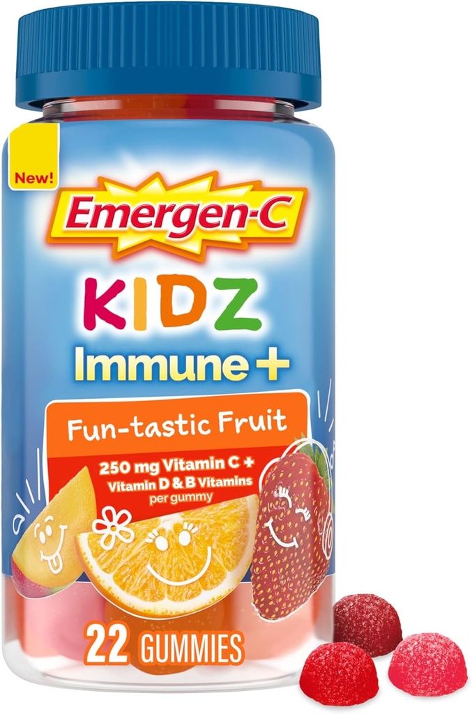 Emergen-C Kidz Immune+ Immune Støtte Kosttilskudd, Flavored Gummies med vitamin C, B-vitaminer og vitamin D for immunstøtte, Fun-Tastic Fruit Flavored Gummies - 22 Count