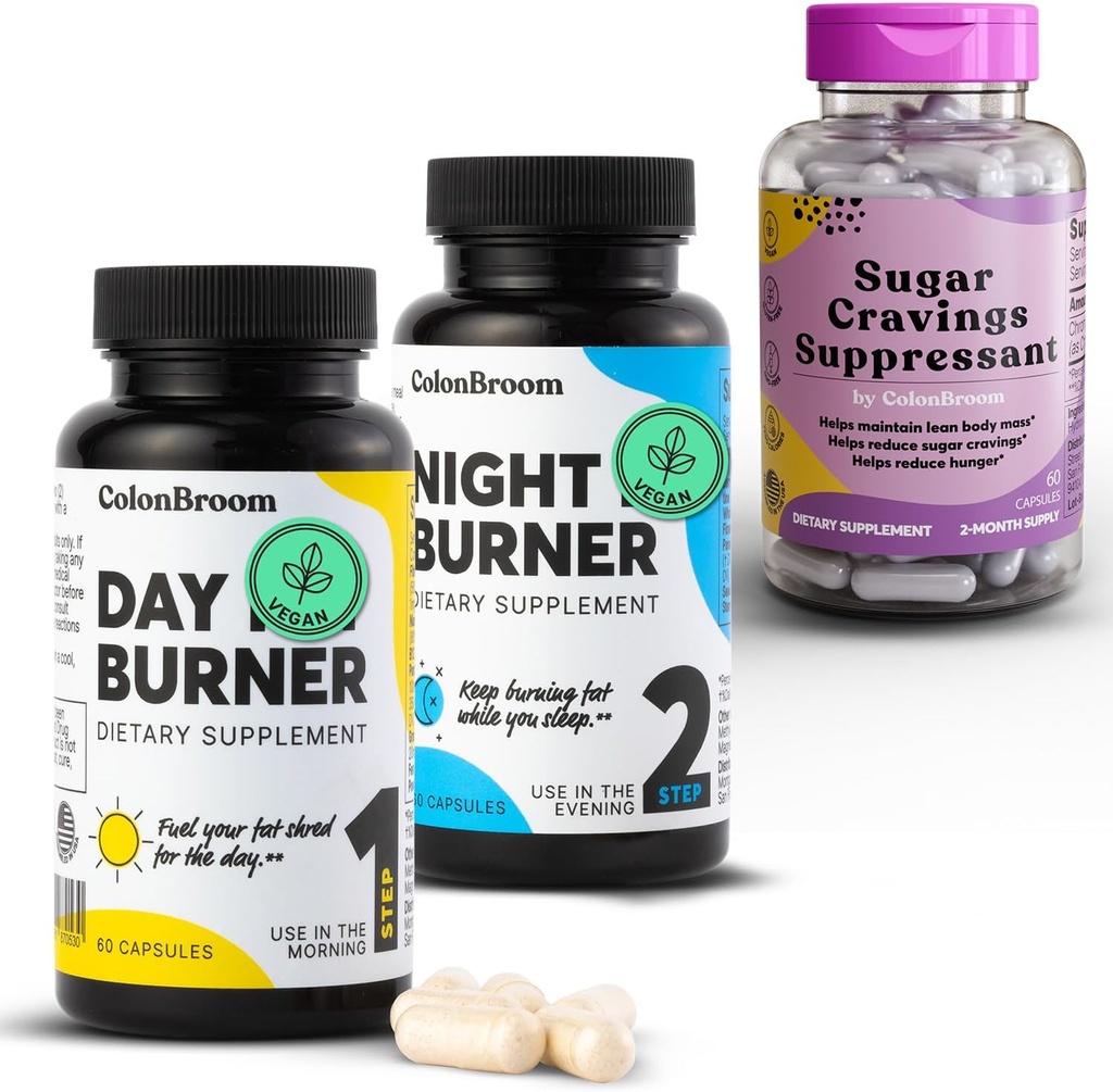 ColonBroom dag & nattforbrenner kosttilskudd, vektkontroll piller (60 serveringer) + sukker craving suppressant - Chromium Picolinate 200mcg (60 serveringer), 3 elementer