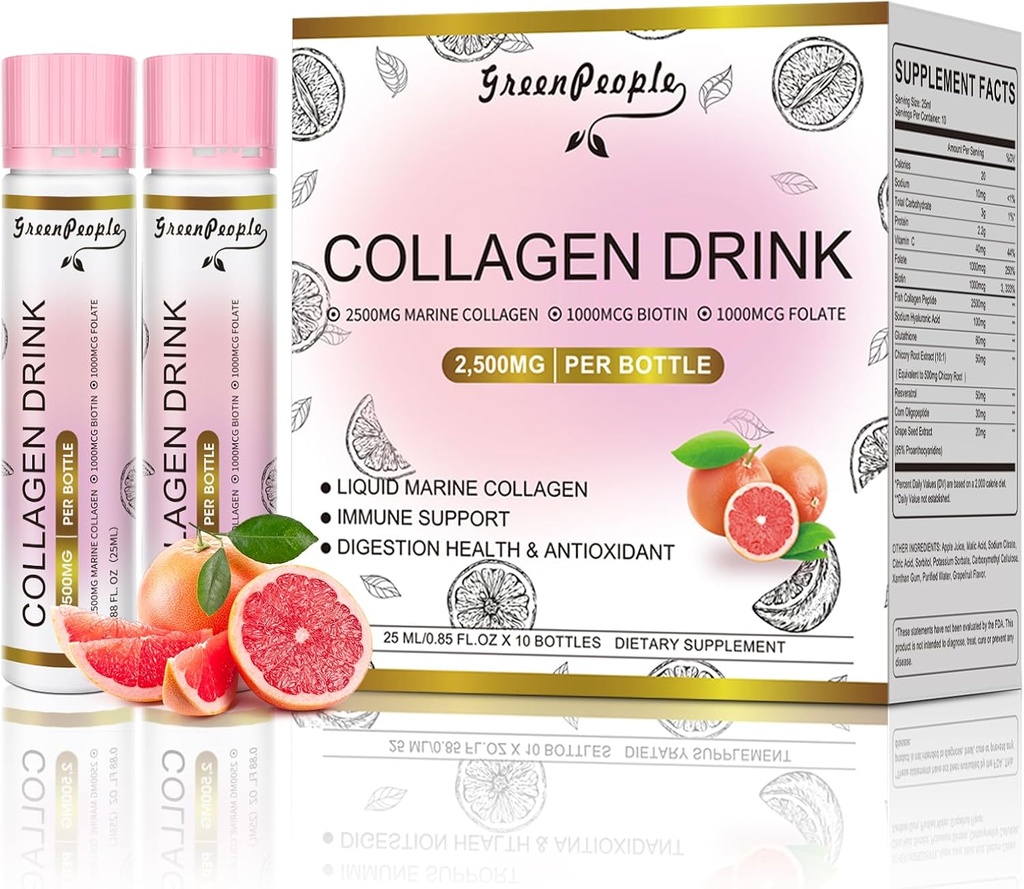 GREENPEOPLE flytende kollagen for kvinner og menn, 2500mg fisk kollagen peptider + Hyaluronsyre + vitamin Bs & C, hår hud negler ledd bein støtte (0,85 fl oz, 10 flasker, grapefrukt)