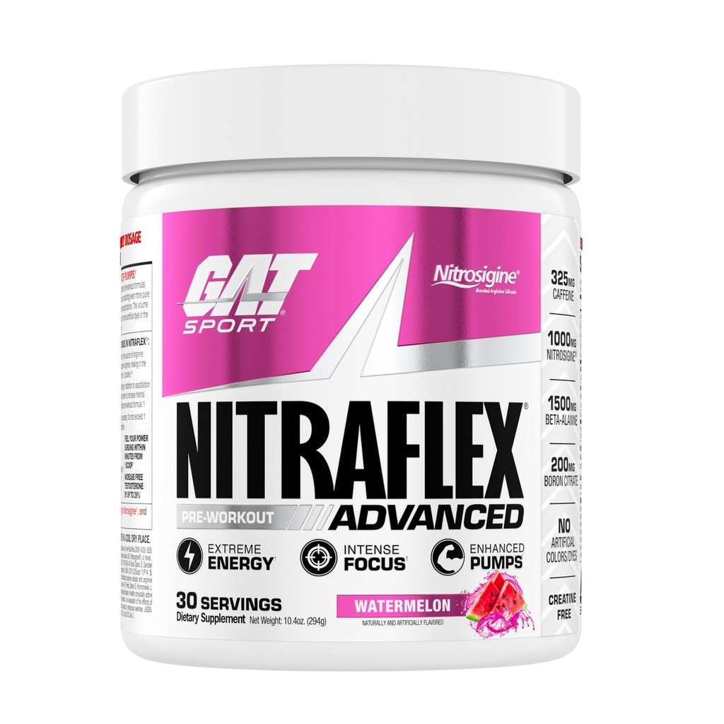 GAT SPORT Nitraflex Avansert pre-workout pulver, øker blodstrøm, øker styrke og energi, forbedrer øvelsesytelse, kreatinfri (vannmelon, 30 serveringer)