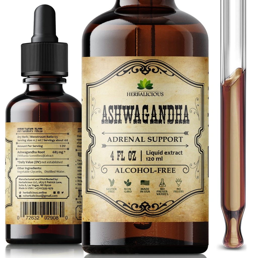 Ashwagandha Supplements – Økologisk Withania Somnifera Root Extract Liquid Drops – Naturlig Stress Relief, Mood Booster, søvnhjelp og beroligende støtte – ikke-GMO, Vegansk formel – 4 fl oz