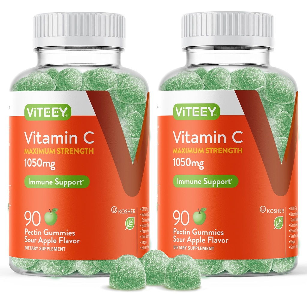 Viteey Chewable Vitamin C Gummies for voksne - 1050mg Maksimal styrke immunstøtte Supplement - Vegan, Glutenfri - 180 Count