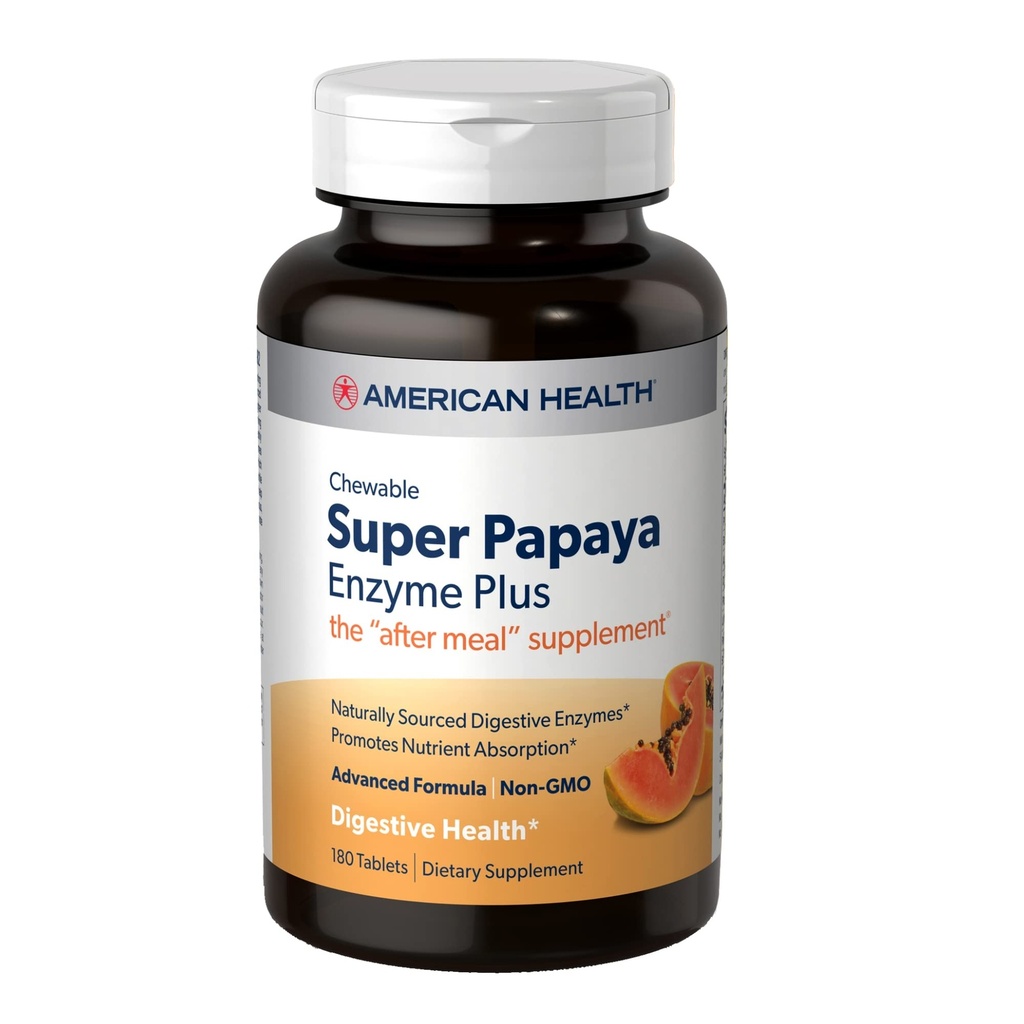 American Health Super Papaya Enzyme Plus - 180 Chewable Tabletter - ettermålssupplement - ikke-GMO - 60 Services