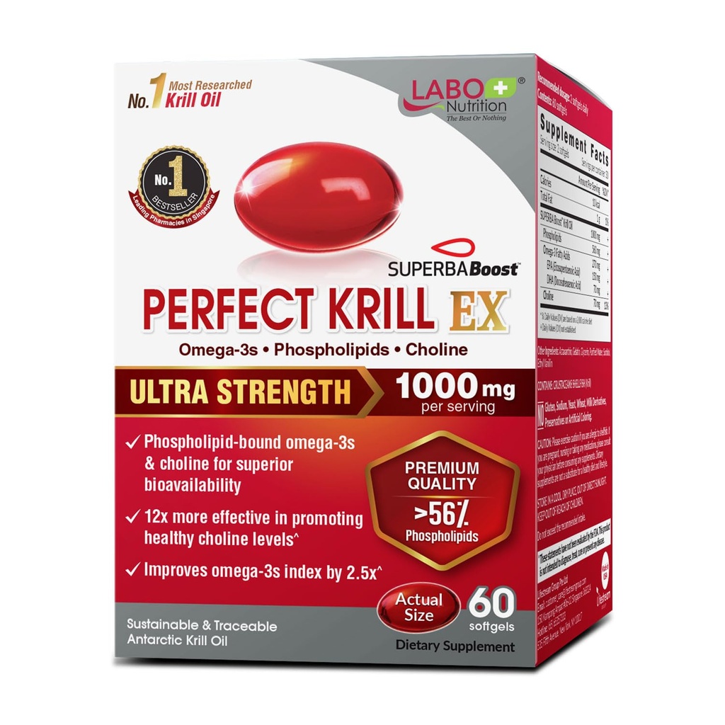 LABO Nutrition Perfect Krill EX, 1000mg Antarktis krill olje Omega 3 EPA DHA, høyeste fosfolipider (over 56 %) med Choline, Astaxanthin ® hjerte hjerne øye felles helse, laget i USA, 60 mykegels