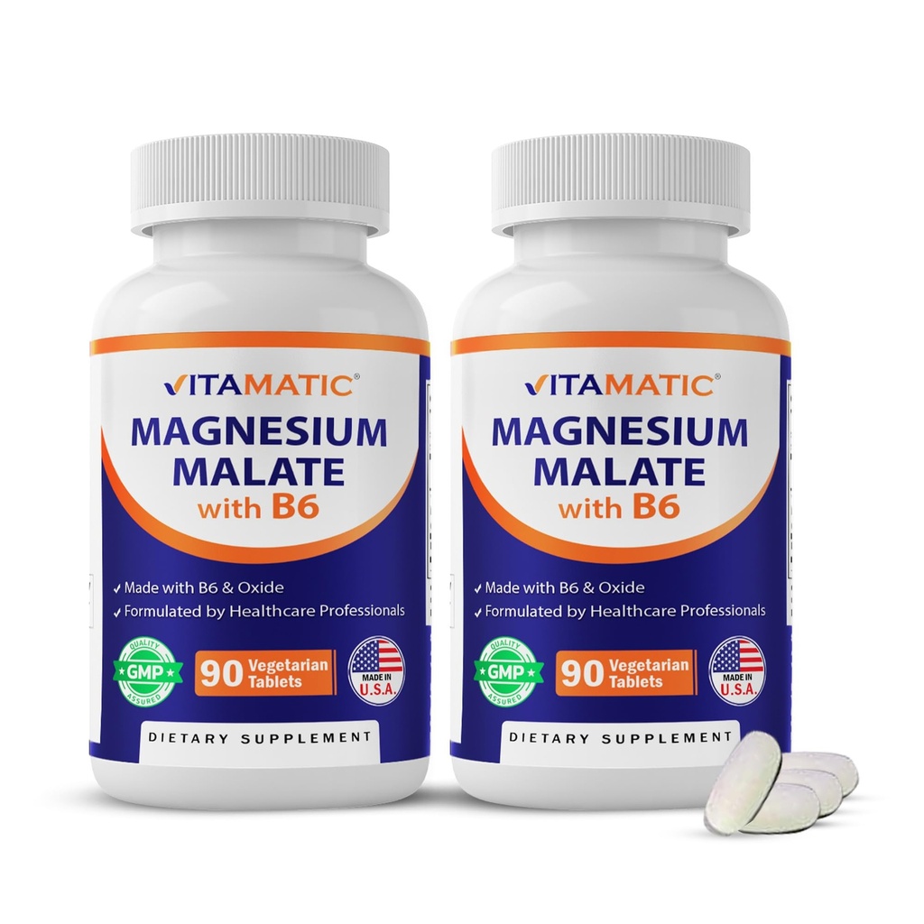 Vitamatic Magnesium Malate 2000mg per servering - 90 vegetariske tabletter - Lagt til B6 for maksimal absorpsjon - støtter muskler, ledd og hjerte helse* (2 flasker, uslavored)