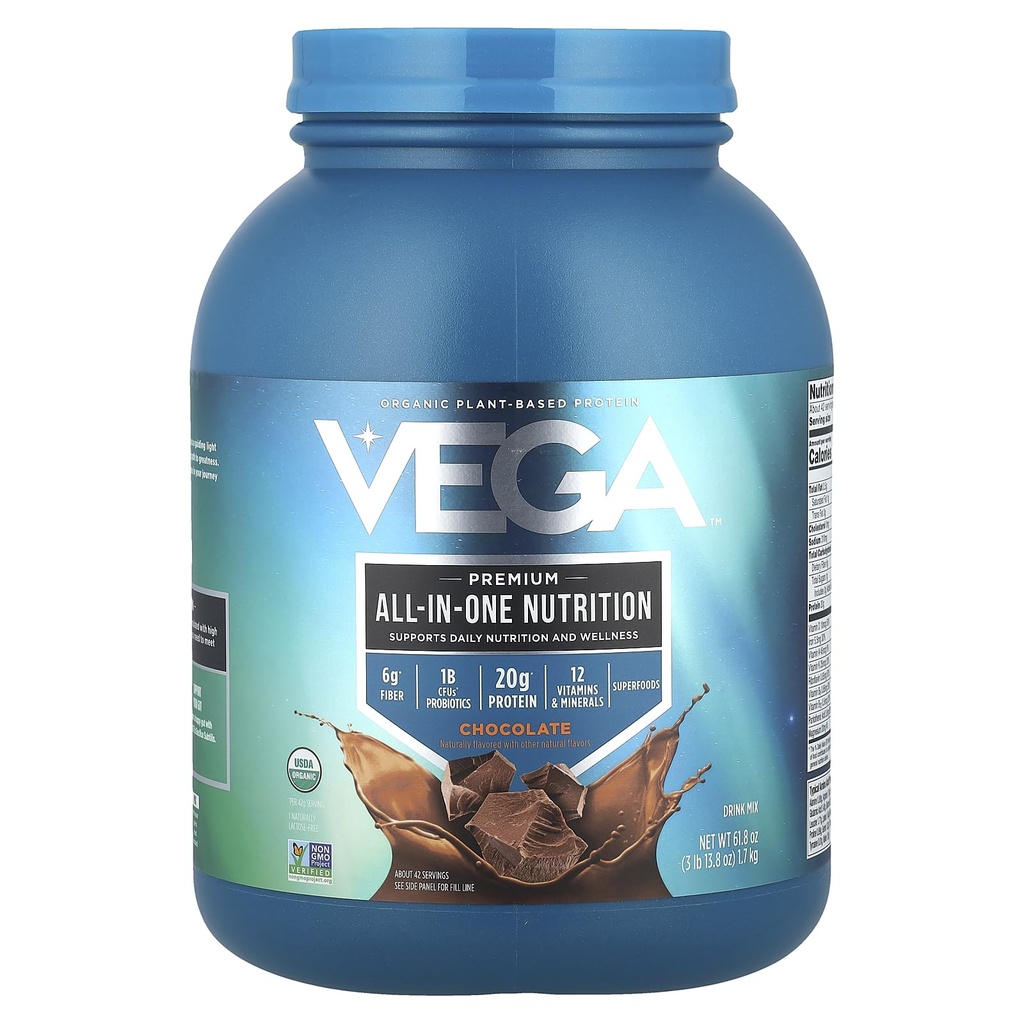 Vega Alt i En Næring Organic - 20g Plantebasert Erteprotein, Sjokolade, 42 Serveringer, Vitaminer A & C, Probiotika, Grønn, Vegan, Keto, Glutenfri, 61.8oz (Packaging May Vary)