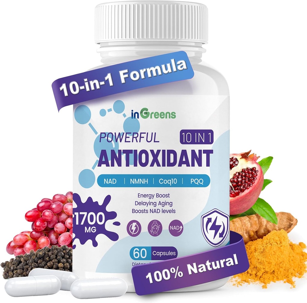 10-i-1 Antioksidanter Supplement, 1700MG Super Antioksidant for kvinner og menn, kraftige antioksidanter med NAD, NMNH, Coq10, Resveratrol, Cell Repair & Reduserer gratis radikal skade, 60 kapsler