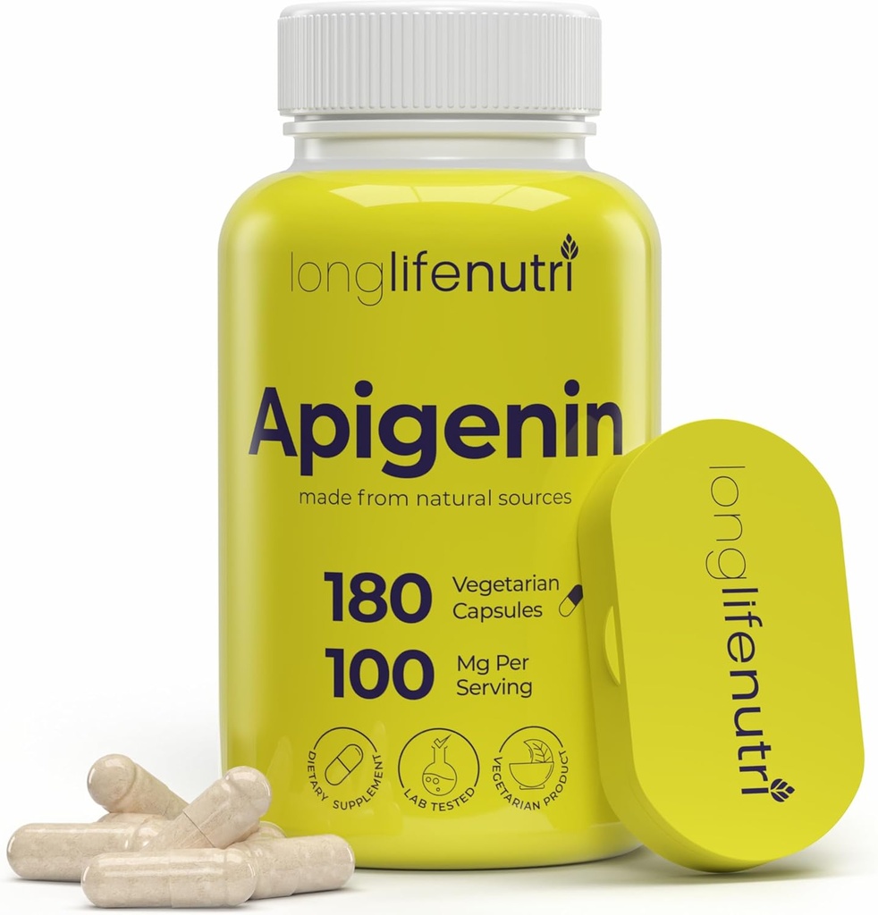 LongLifeNutri Apigenin 100mg – Naturlig bioflavonoid fra kamilleekstrakt, 180 vegetariske kapsler, Supplement for søvn, humør, og avslapping, 6-måneders forsyning, GMP-sertifisert, laget i USA