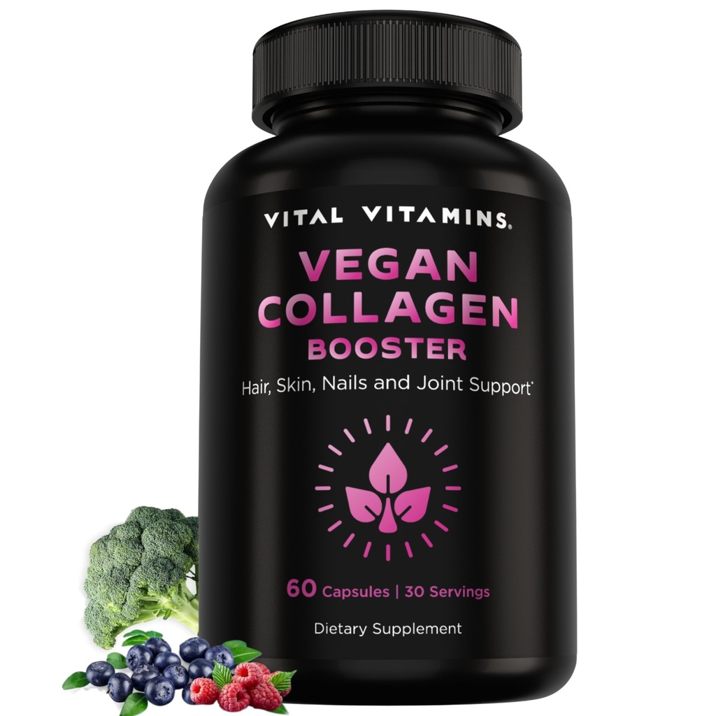 Vitale vitaminer Vegan kollagen Booster - med silica og hyaluronsyre - Plantebaserte kollagen kosttilskudd - støtter hår, hud, negler og ledd - 60 kapsler
