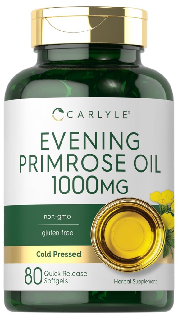 Carlyle Aften Primrose Olje Kapsler 1000 mg | 80 Softgels | Cold Pressed Supplement | Ikke-GMO & Glutenfri