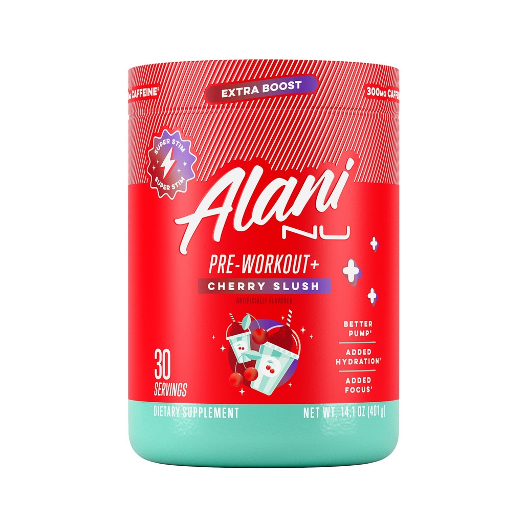 Alani Nu pre trening+ pulver Cherry slush, ekstra boost, sukker gratis, 300mg koffein, L-Theanine, Beta-Alanine, Citrulline, 30 serveringer