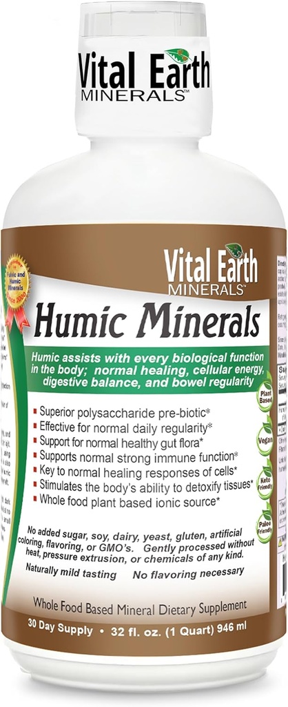 Vitale jordmineraler Humic Minerals - Fulvic Acid Supplement med 70+ Trace Minerals, Electrolytes for gjenoppretting og balanse, 32 Oz + 1 Oz Cup