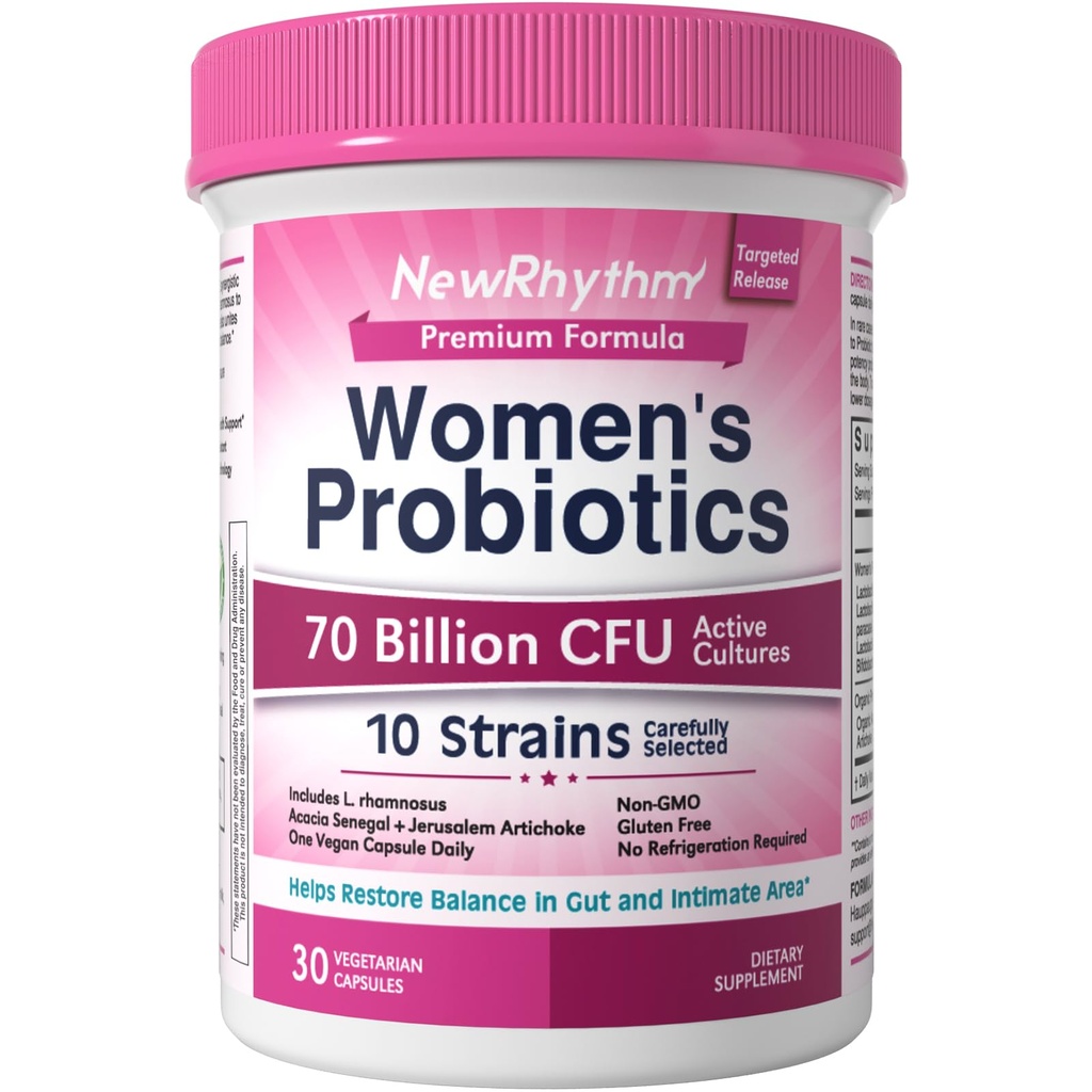 NewRhythm Kvinners probiotika, organiske prebiotika, 70 milliarder CFU 10 Strains, Vaginal probiotika for urin- og digestiv helse, 30 vegankapsler, ingen blooting