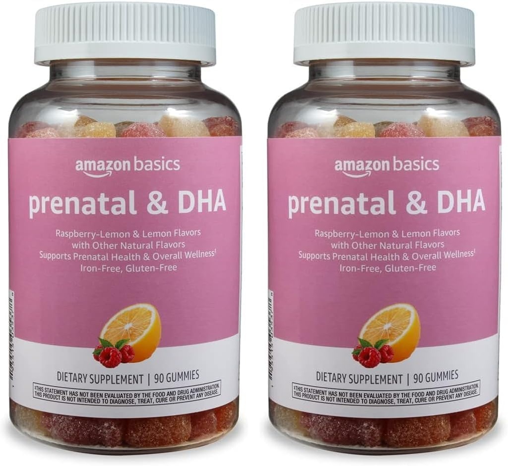 Basics Prenatal & DHA Gummy, Rasberry & Lemon Flavor, 90 greve (tidligere Solimo) (pakke med 2)