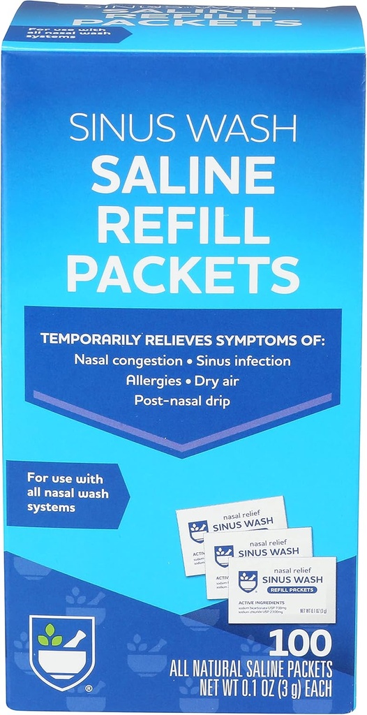 Rite Aid Sinus Vaskepåfyllingssett, Individuelt innpakket saltvannspakker - 100 Teller Nasal / Allergi Relief saltvannsløsning for Neti Pots
