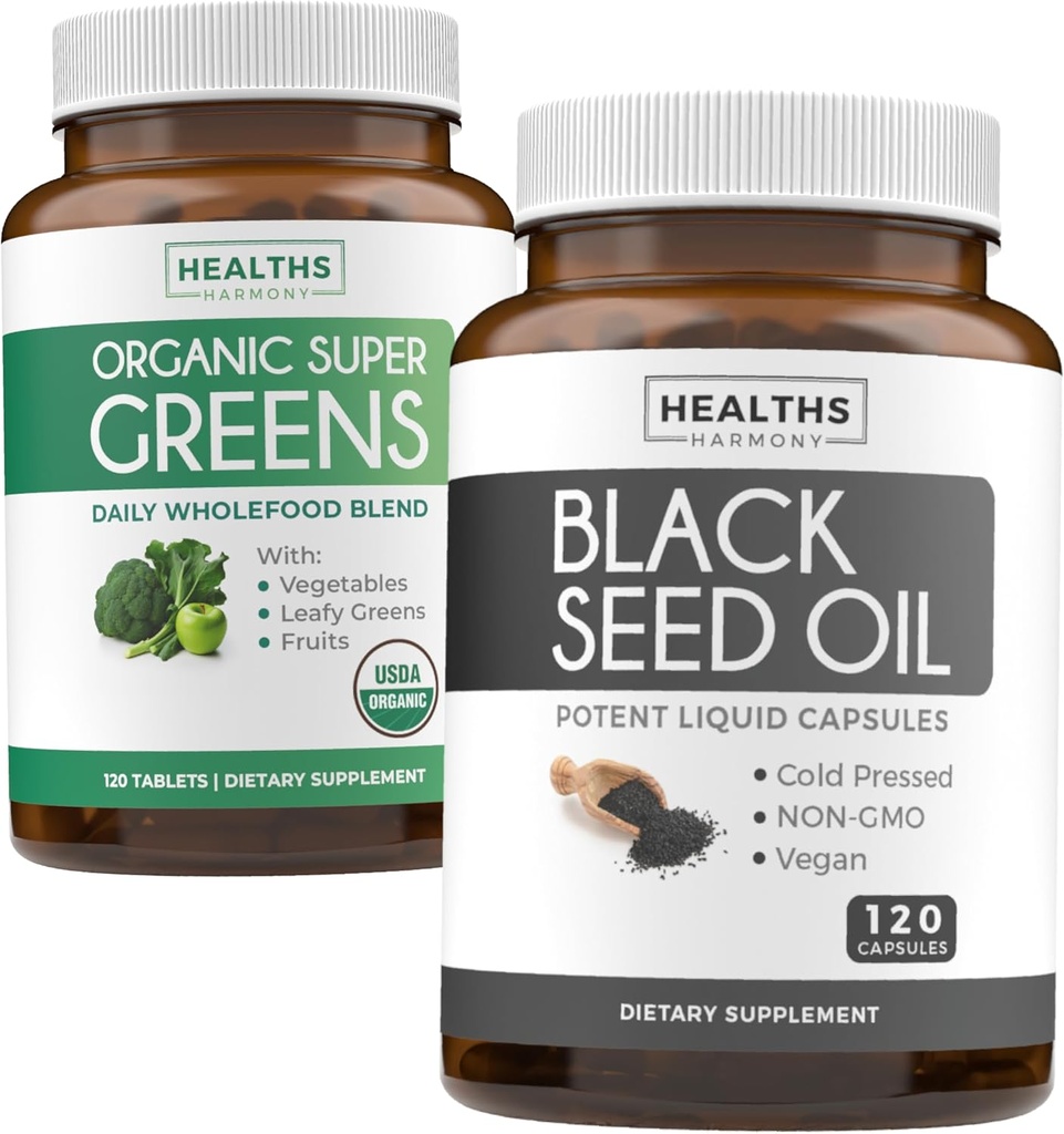 Super Greens og svart frø (2-måneders forsyning) Grønn oljesynergi bunke av organisk Super Greens pulver - komplett supermat (120 kapsler) & svart frøolje - kaldtpresset Nigeilla Sativa (120 Caps)
