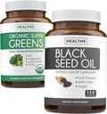 Super Greens og svart frø (2-måneders forsyning) Grønn oljesynergi bunke av organisk Super Greens pulver - komplett supermat (120 kapsler) & svart frøolje - kaldtpresset Nigeilla Sativa (120 Caps)