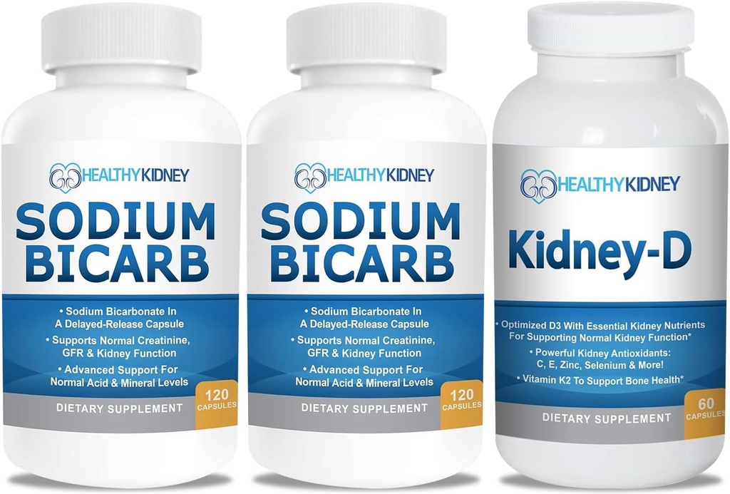 Natriumbikarbonat 650 mg Kapsler for syrerelief, Alkalinitet 120 piller 2-Pack + Njure-DNjure Supplement. D-vitamin optimalisert for nevrale støtte.