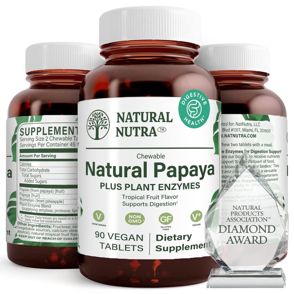 Naturlig Nutra Papaya Chewable Enzymes for digestion og kroppsrensing - støtter digestiv helse, Ease Gastrointestinal Discomfort - Nutrient Absorpsjon og reduserer Bloating - 90 Vegantabletter