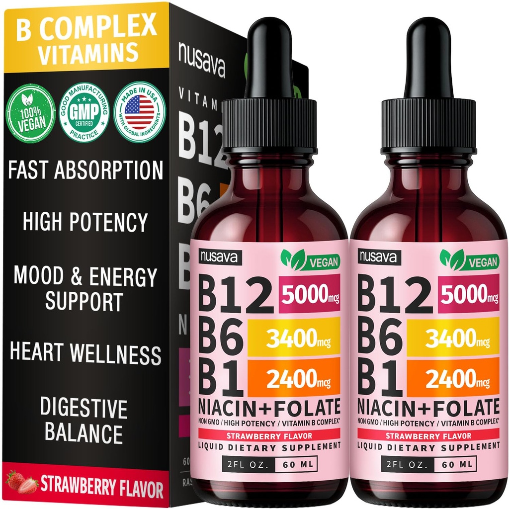(2 Pack) Vitamin B12 og B6 flytende dråper, B12 Sublingual Vitamin B Complex - B 12 Vitamin 5000mcg - B12 Methylcobalamin for energi, hjerne og hjerte støtte med 27 200 mcg, Jordbær, 80 serveringer