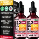(2 Pack) Vitamin B12 og B6 flytende dråper, B12 Sublingual Vitamin B Complex - B 12 Vitamin 5000mcg - B12 Methylcobalamin for energi, hjerne og hjerte støtte med 27 200 mcg, Jordbær, 80 serveringer