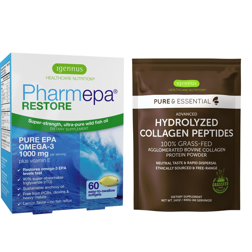 Pharmepa Restore & Advanced Hydrolysert Collagen Peptides Bundle, 1000mg ren EPA Omega-3 Fish Oil & 100% Grass Fed Bovine Collage Protein pulver, av Igennus