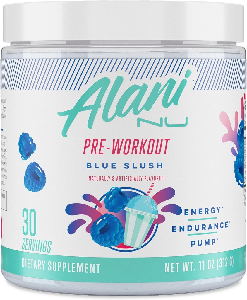 Alani Nu Pre Trening pulver Blå Slush, Amino energiforsterkning, Endurance Supplement, Sukkerfri, 200 mg Koffein, L-Theanine, Beta-Alanin, L-Citrullin, 30 serveringer