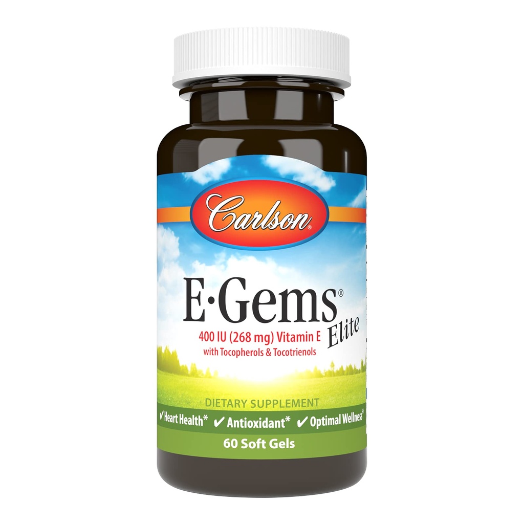 Carlson - E-Gems Elite, 400 IU vitamin E med tokoferoler og tokotrienoler, hjerte helse og optimal velvære, antioksidant, 60 myke geler