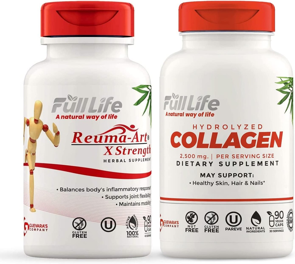 Full levetid Reuma-Art X Styrke og Hydrolysert kollagen - Joint Support Supplement - Bovine kollagen piller - Kosher, Glutenfri - 90 Veggie kapsler Hver