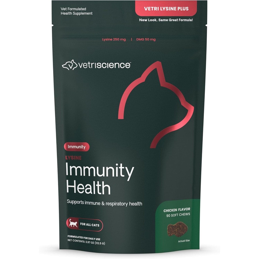 VetriScience Lysine immunisme Helse Chews, 250 mg Lysine Plus Immune Supplement for katter og katter med allergier, Sneezing, Runny Nese og vannige øyne, kylling, 90 greve
