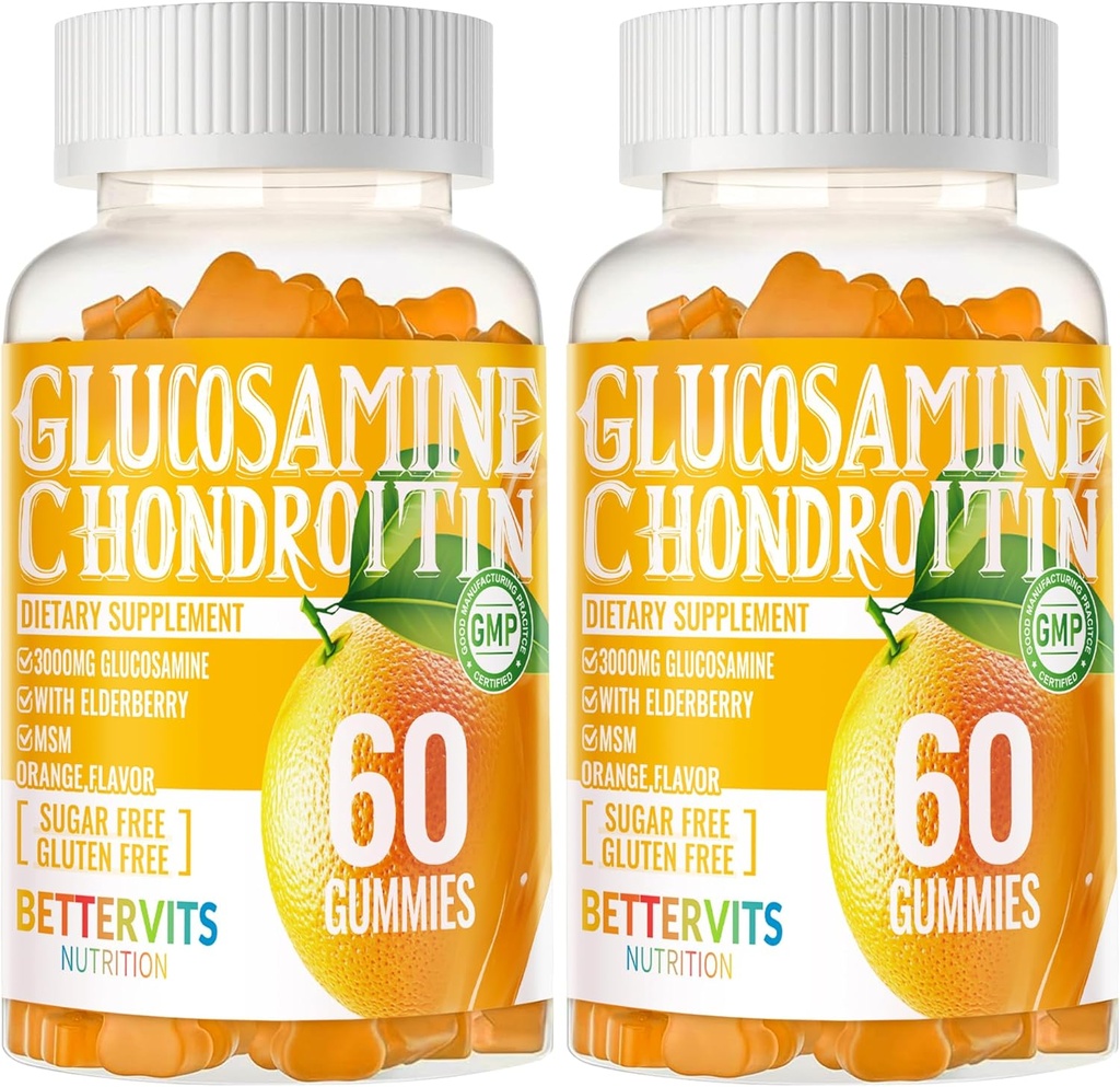 Glukosamin Chondroitin Gummies med MSM & Elderberry Extra styrke - Felles støtte, Antioksidant immun støtte Supplement for voksne, menn og kvinner120 oransje Gummies