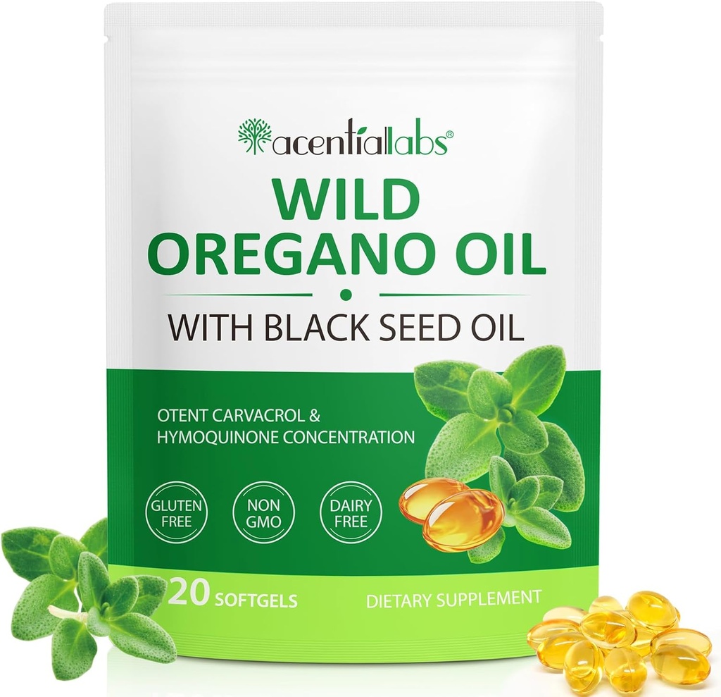 Olje av Oregano Softgels, 120 greve Oregano olje Supplement kapsler, Oregano olje kapsler, 165mg Carvatrol, 2 i 1 6000mg Olje av Oregano med svart frøolje 200mg