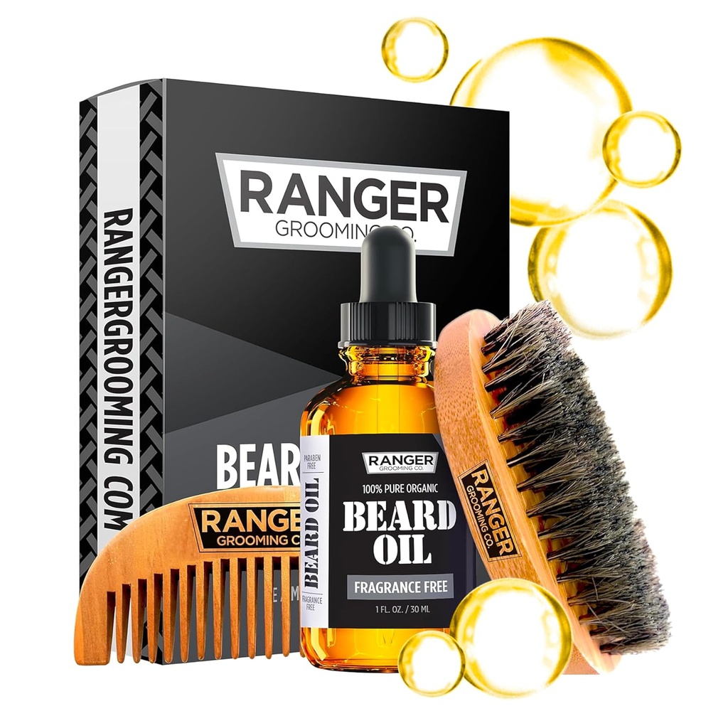 Beared Kit av Ranger Grooming Company av Leven Rose, 100% økologisk naturlig fragrance gratis usentrert beard olje, Boar Bristle Beard Brush, Naturlig tre Comb Beard Care Starter sett for menn