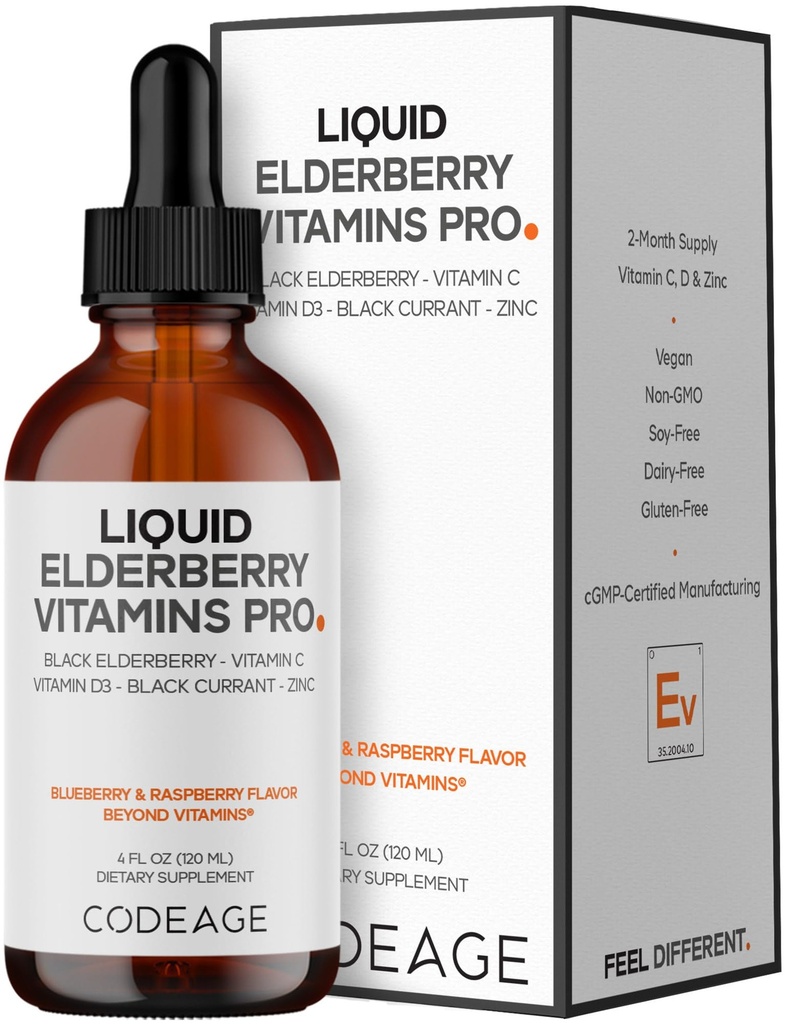 Codeage eldrebær vitaminer Pro - organisk svart eldrebær flytende dråper - vitamin C, D3, sink, svart currant - 2-måneders forsyning - svart sambucus væske - Supplement for voksne og barn - 4 fl oz