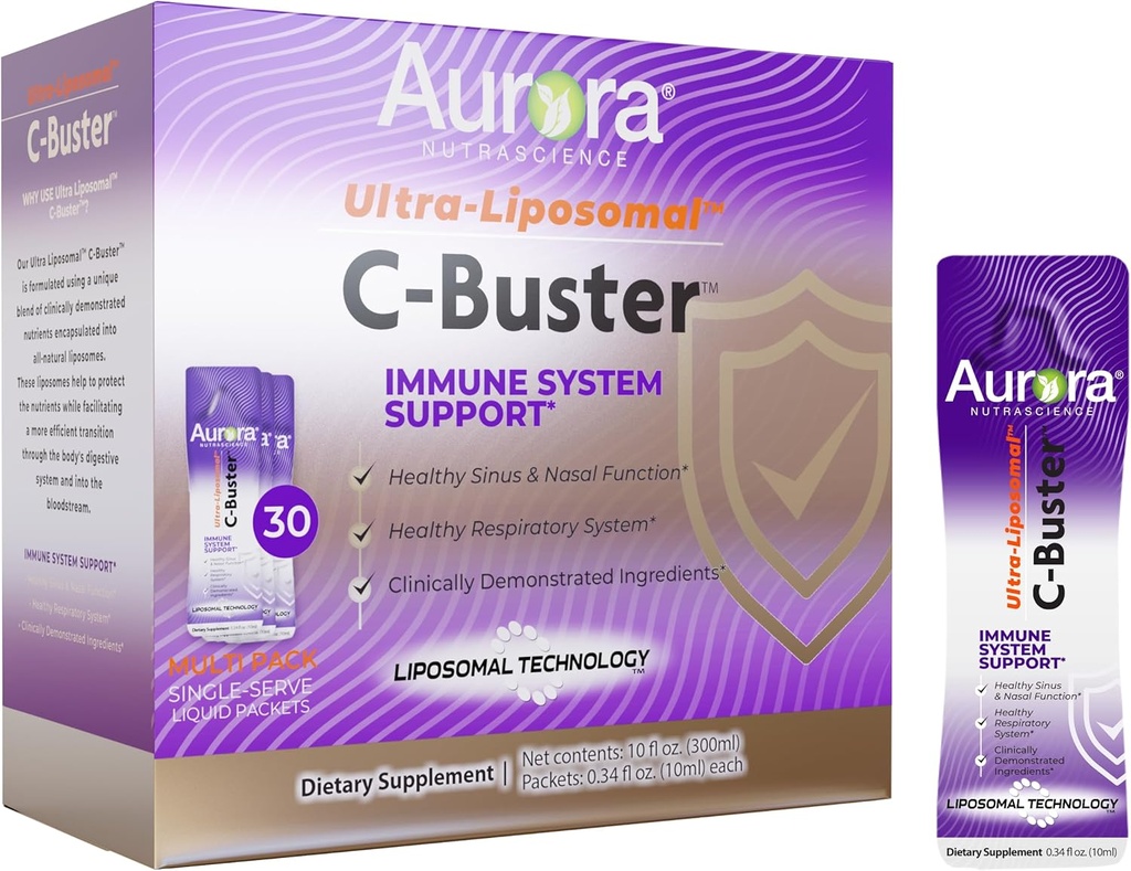 Aurora Nutrascience Ultra Liposomal C-Buster Immunsystem støtte, vitamin C, vitamin D, sink, eldrebær, pelargonium, vitamin K & Ginseng, 30 pakker, 10 ML