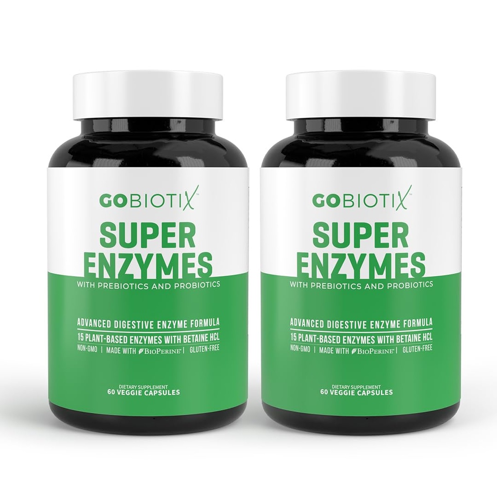GOBIOTIX Digestive Enzymer Supplement med prebiotika og probiotika for kvinner og menn - Gut Helse, Gluten Digestion, Laktoseabsorpsjon, Plantebasert Diett piller - 120 Kapsler