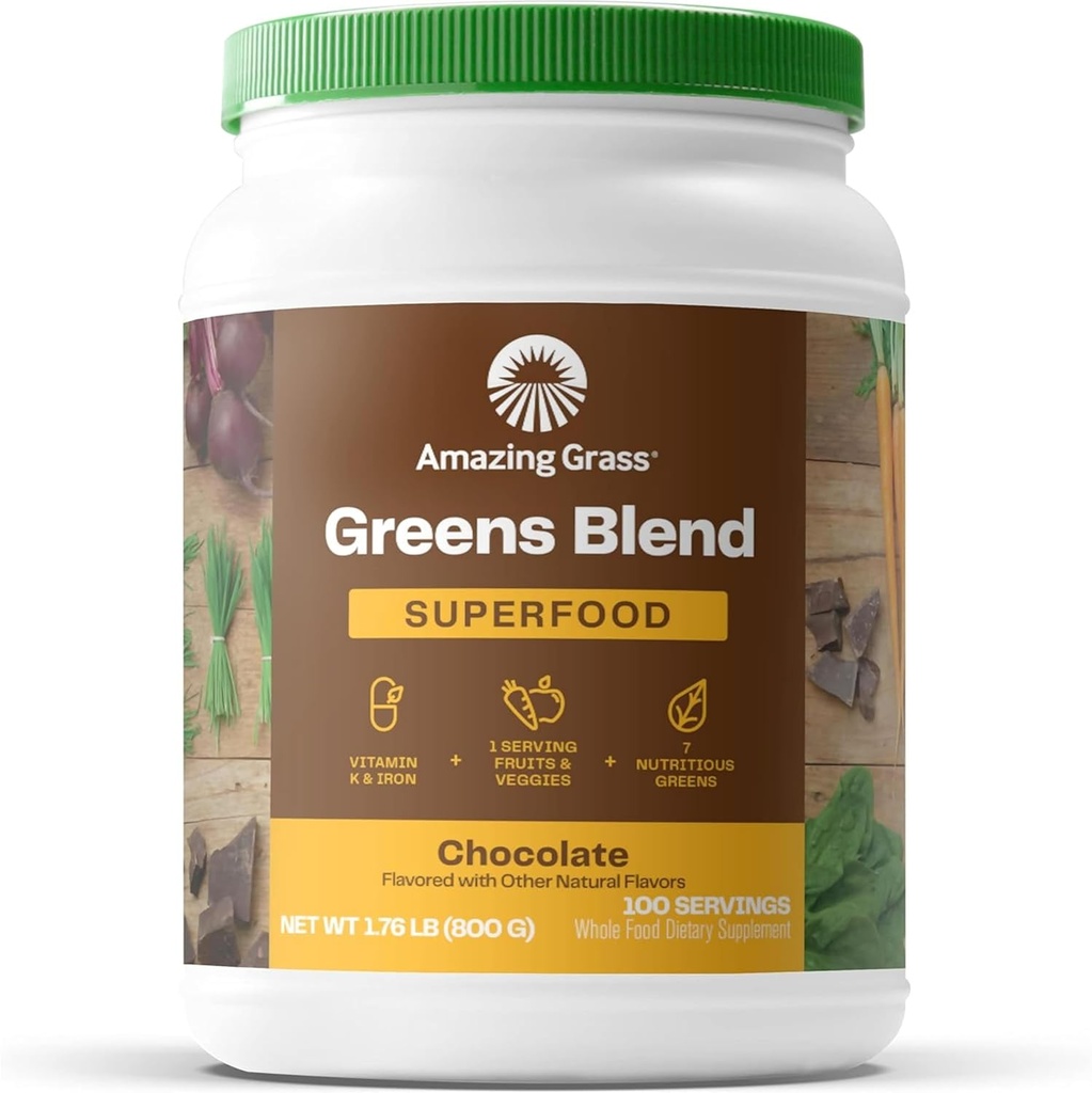 Amazing Grass Greens Superfood pulver: Grønn pulver med digestive enzymer og probiotika, organisk spirulina, klorella, og beet rot pulver, sjokolade, 100 serveringer