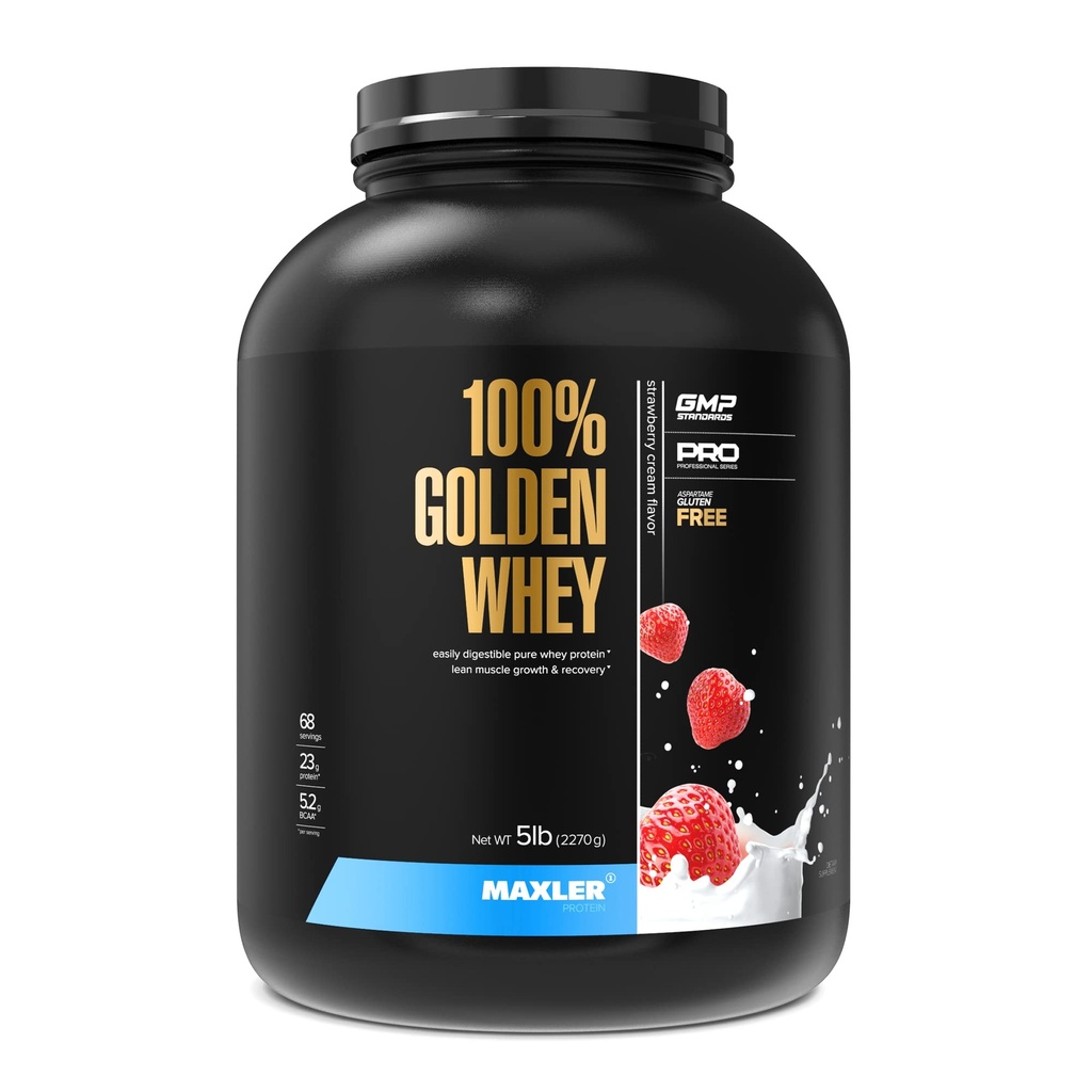 Maxler 100% Golden Whey Protein - 23g Premium Whey Protein Powder per servering - Pre, Post & Intra Workout - Raskabsorberende Whey Hydrolysat, Isolat & Konsentratblanding - Jordbær Cream 5 lbs