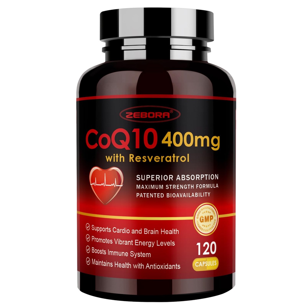 ZEBORA CoQ10-400mg med Trans-Resveratrol, PQQ & Vitamin E - høy absorpsjon Coenzyme-Q10 med BioPerine - kraftig antioksidant for hjerte og energi-produksjon,120 Veggie kapsler