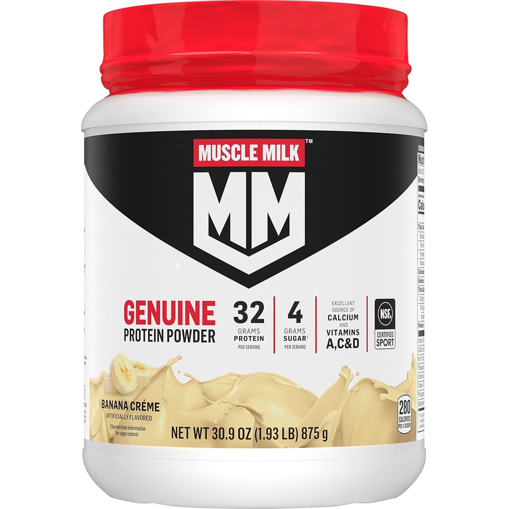 Muskelmelk Ekte protein pulver, banan crème, 1,93 pund, 13 serveringer, 32 g protein, 4g sukker, kalsium, vitaminer A, C & D, NSF-sertifisert for sport, energiizing snack, emballasje mai Vary