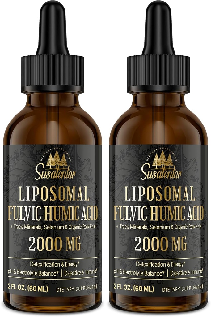Spor Mineraler Elektrolytter Dråber 2000 MG  Liquid Flytende Liposomal Fulvic Humic Acid Supplement | 85+ Spor Mineraler | Oversettelse | Avgiftning | Energi | pH balanse | Immunity | 4 Oz